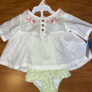 18-21.5 cm NB newborn spf bathing suit + beach top flowers soft green white dot